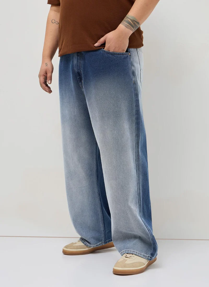 أوربانو فاشن Urbano Plus Men's Blue Loose Baggy Fit Heavy Washed Faded Denim Jeans Non-Stretchable